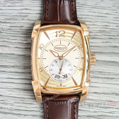 Swiss Replica Parmigiani Fleurier Kalpa Cal.PF331 Watch Golden Dial Brown Leather Strap